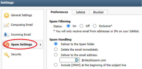 Spam Settings Options